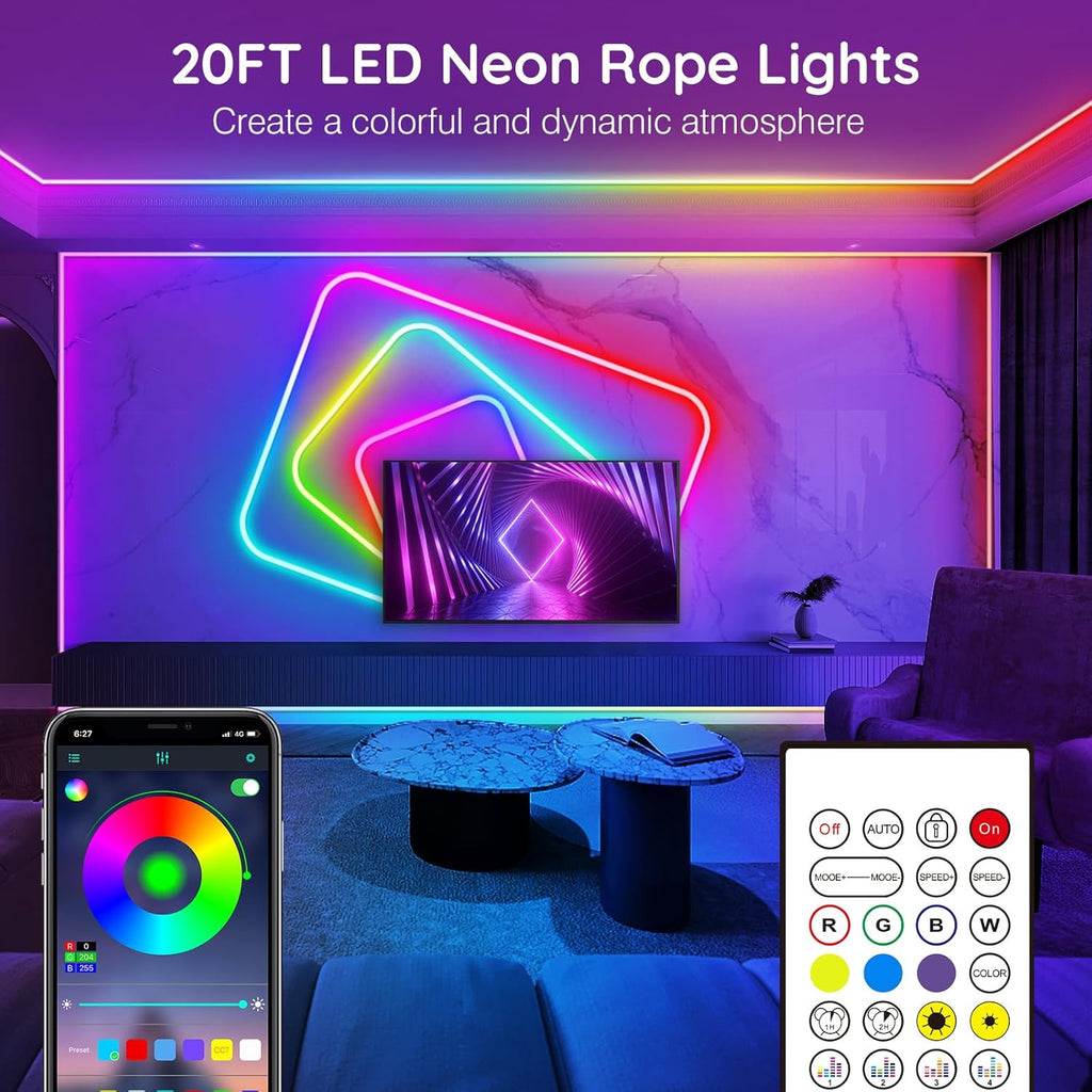 20Ft Neon Rope Lights,Flexible Led Rope Lights Control with App/Remote,Multiple Modes Rope Lights,Ip65 Outdoor RGB Led Neon Lights,Music Sync Gaming Led Neons Light Strip for Bedroom Decor