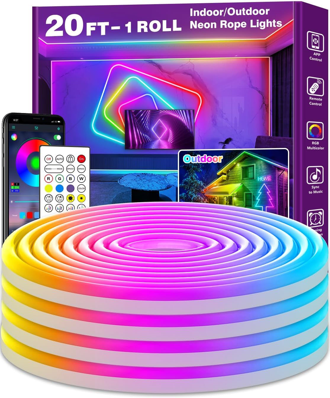 20Ft Neon Rope Lights,Flexible Led Rope Lights Control with App/Remote,Multiple Modes Rope Lights,Ip65 Outdoor RGB Led Neon Lights,Music Sync Gaming Led Neons Light Strip for Bedroom Decor